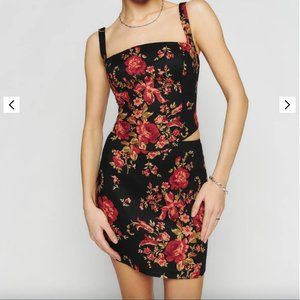 Reformation Linen Two-Piece Black Red Floral Size 12 NWT